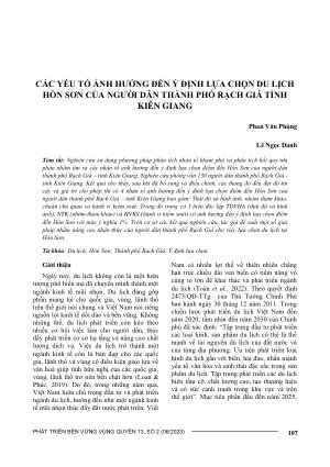 CÁC YẾU TỐ ẢNH HƯỞNG ĐẾN Ý ĐỊNH LỰA CHỌN DU LỊCH HÒN SƠN CỦA NGƯỜI DÂN THÀNH PHỐ RẠCH GIÁ TỈNH KIÊN GIANG
