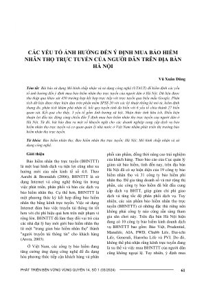 CÁC YẾU TỐ ẢNH HƯỞNG ĐẾN Ý ĐỊNH MUA BẢO HIỂM NHÂN THỌ TRỰC TUYẾN CỦA NGƯỜI DÂN TRÊN ĐỊA BÀN HÀ NỘI