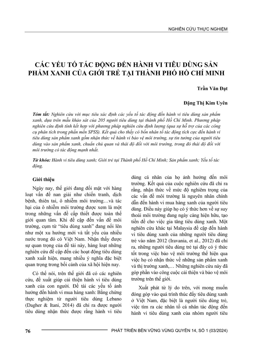 CÁC YẾU TỐ TÁC ĐỘNG ĐẾN HÀNH VI TIÊU DÙNG SẢN PHẨM XANH CỦA GIỚI TRẺ TẠI THÀNH PHỐ HỒ CHÍ MINH