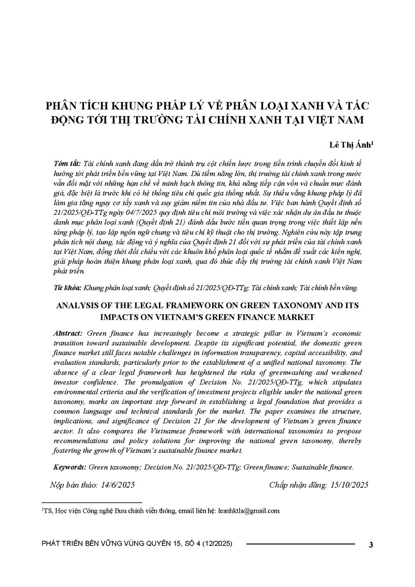 PHÂN TÍCH KHUNG PHÁP LÝ VỀ PHÂN LOẠI XANH VÀ TÁC ĐỘNG TỚI THỊ TRƯỜNG TÀI CHÍNH XANH TẠI VIỆT NAM