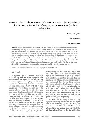 KHÓ KHĂN, THÁCH THỨC CỦA DOANH NGHIỆP, HỘ NÔNG DÂN TRONG SẢN XUẤT NÔNG NGHIỆP HỮU CƠ Ở TỈNH ĐẮK LẮK