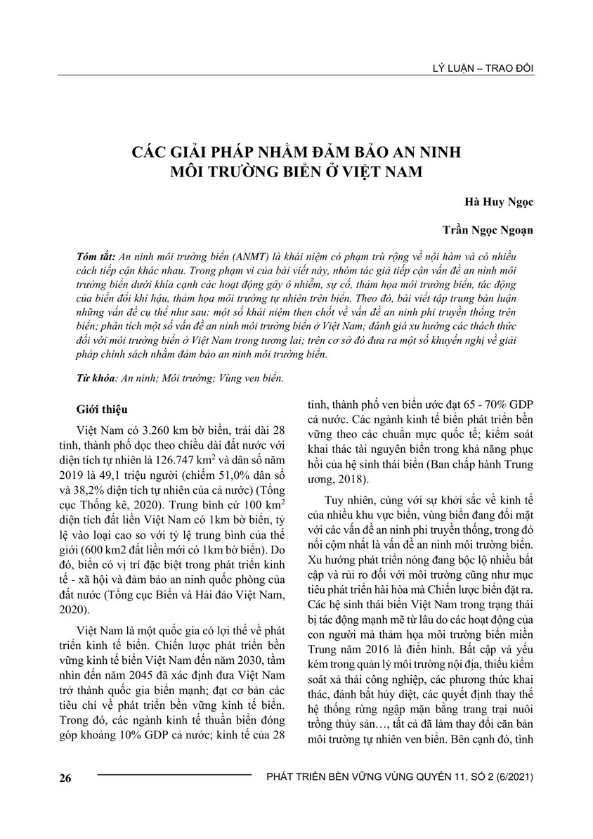 CÁC GIẢI PHÁP NHẰM ĐẢM BẢO AN NINH MÔI TRƯỜNG BIỂN Ở VIỆT NAM