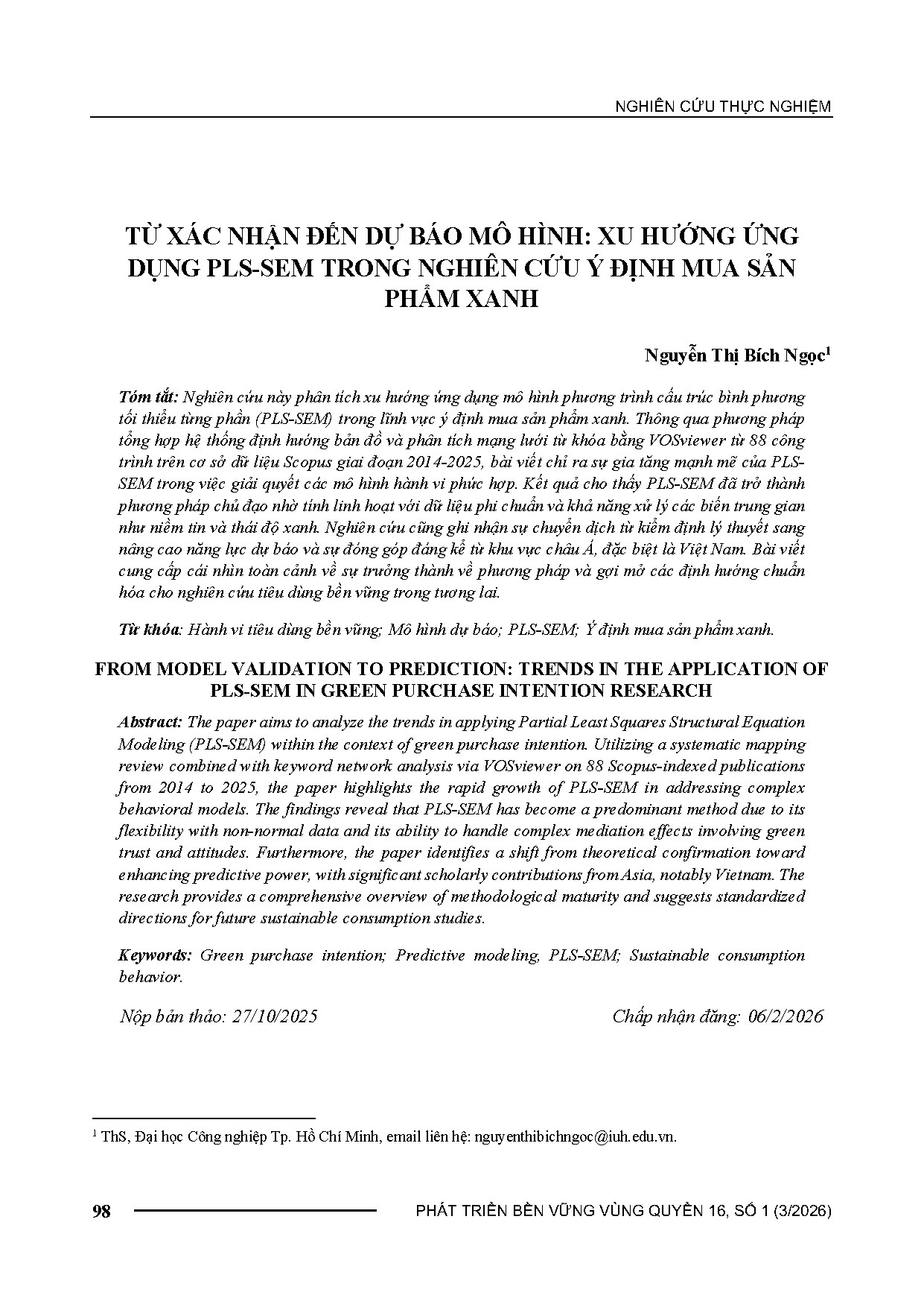 TỪ XÁC NHẬN ĐẾN DỰ BÁO MÔ HÌNH: XU HƯỚNG ỨNG DỤNG PLS-SEM TRONG NGHIÊN CỨU Ý ĐỊNH MUA SẢN PHẨM XANH