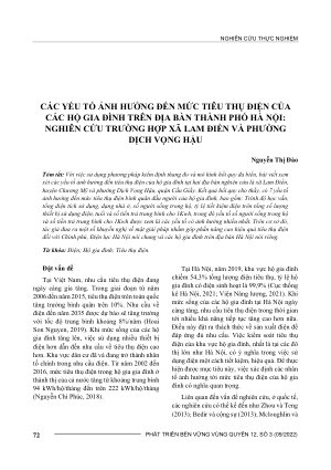CÁC YẾU TỐ ẢNH HƯỞNG ĐẾN MỨC TIÊU THỤ ĐIỆN CỦA CÁC HỘ GIA ĐÌNH TRÊN ĐỊA BÀN THÀNH PHỐ HÀ NỘI: NGHIÊN CỨU TRƯỜNG HỢP XÃ LAM ĐIỀN VÀ PHƯỜNG DỊCH VỌNG HẬU