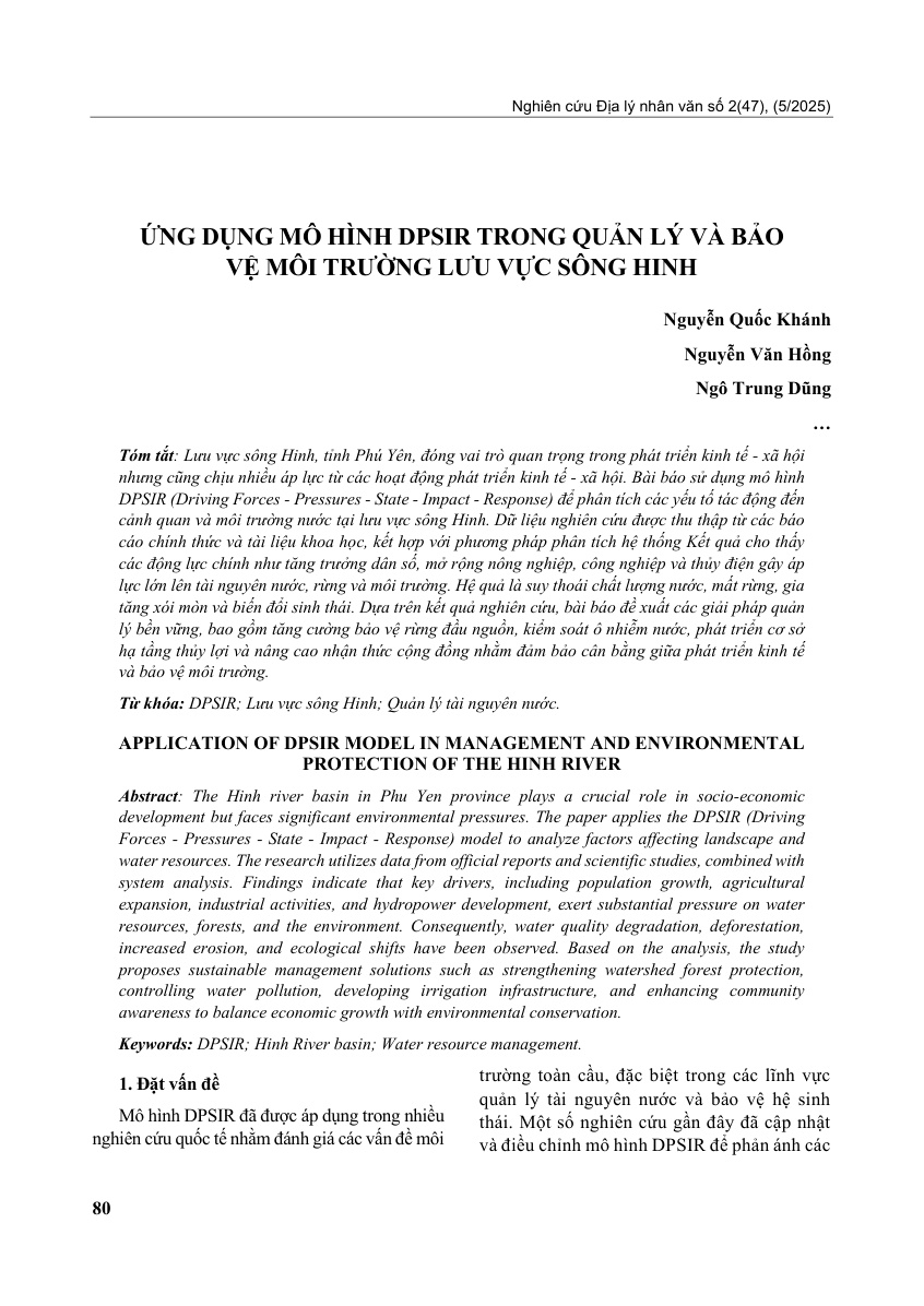 ỨNG DỤNG MÔ HÌNH DPSIR TRONG QUẢN LÝ VÀ BẢO VỆ MÔI TRƯỜNG LƯU VỰC SÔNG HINH