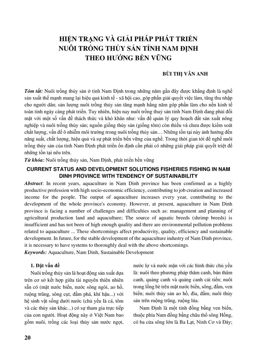 HIỆN TRẠNG VÀ GIẢI PHÁP PHÁT TRIỂN NUÔI TRỒNG THỦY SẢN TỈNH NAM ĐỊNH THEO HƯỚNG BỀN VỮNG