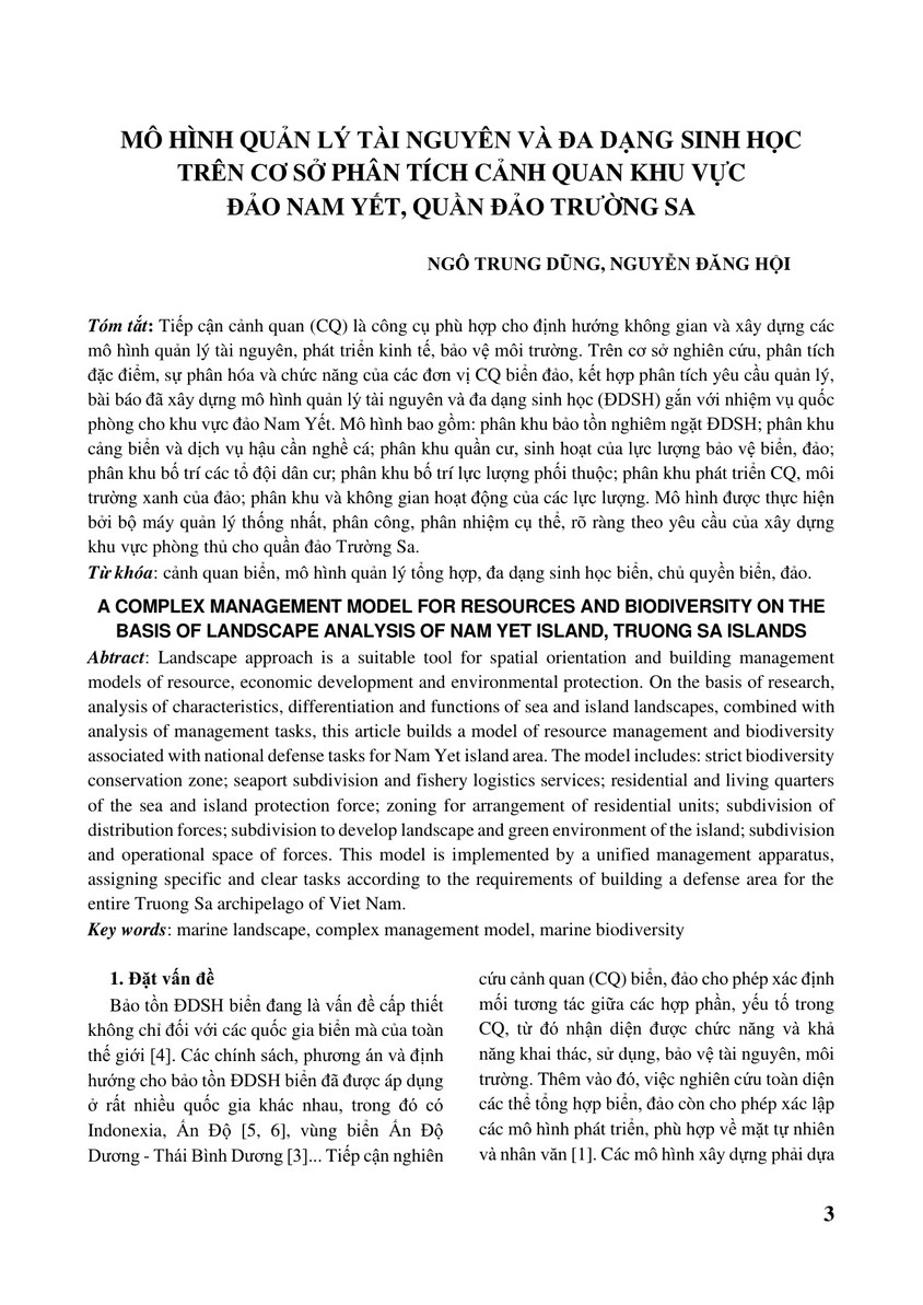 Mô hình quản lý tài nguyên và đa dạng sinh học trên cơ sở phân tích cảnh quan khu vực đảo Nam Yết, quần đảo Trường Sa