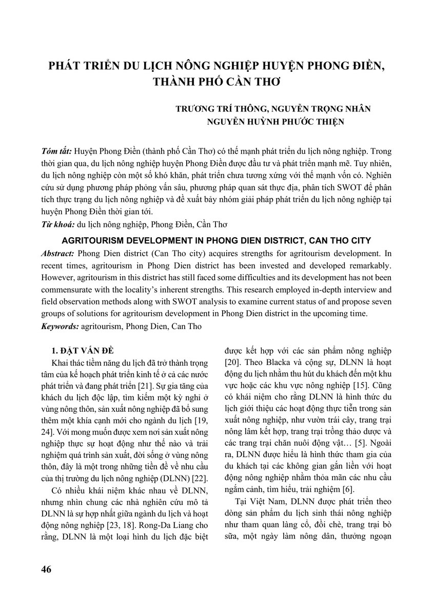 Phát triển du lịch nông nghiệp huyện Phong Điền, thành phố Cần Thơ