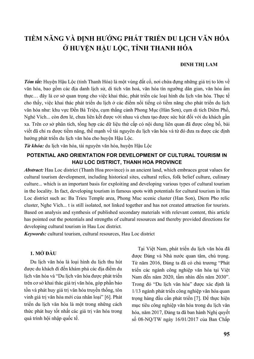 Tiềm năng và định hướng phát triển du lịch văn hóa ở huyện Hậu Lộc, tỉnh Thanh Hóa