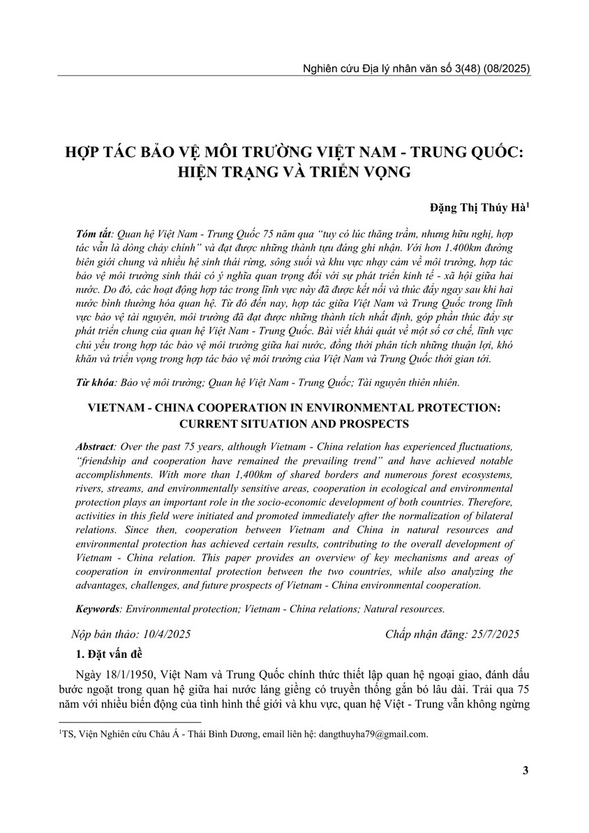 HỢP TÁC BẢO VỆ MÔI TRƯỜNG VIỆT NAM - TRUNG QUỐC: HIỆN TRẠNG VÀ TRIỂN VỌNG