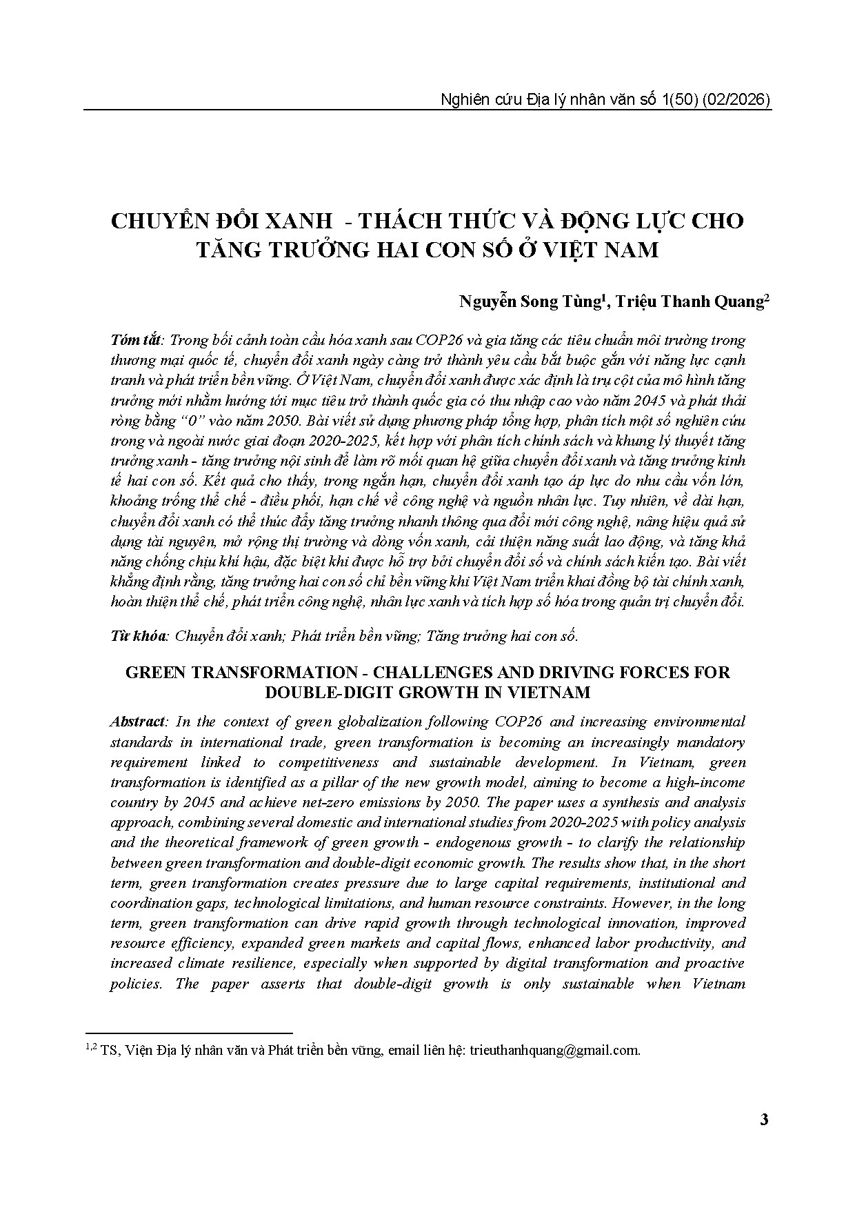 CHUYỂN ĐỔI XANH  - THÁCH THỨC VÀ ĐỘNG LỰC CHO TĂNG TRƯỞNG HAI CON SỐ Ở VIỆT NAM