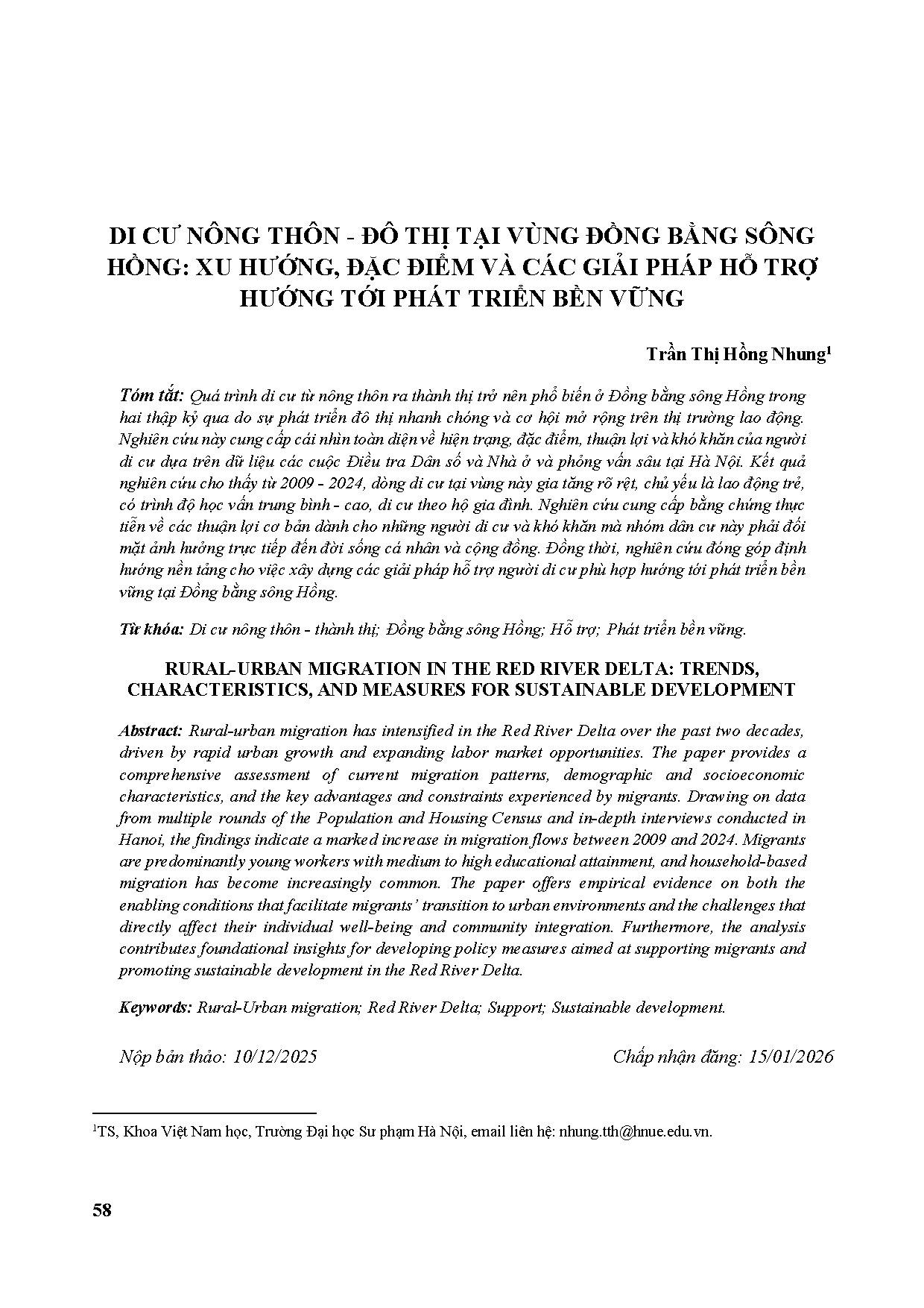DI CƯ NÔNG THÔN - ĐÔ THỊ TẠI VÙNG ĐỒNG BẰNG SÔNG HỒNG: XU HƯỚNG, ĐẶC ĐIỂM VÀ CÁC GIẢI PHÁP HỖ TRỢ HƯỚNG TỚI PHÁT TRIỂN BỀN VỮNG