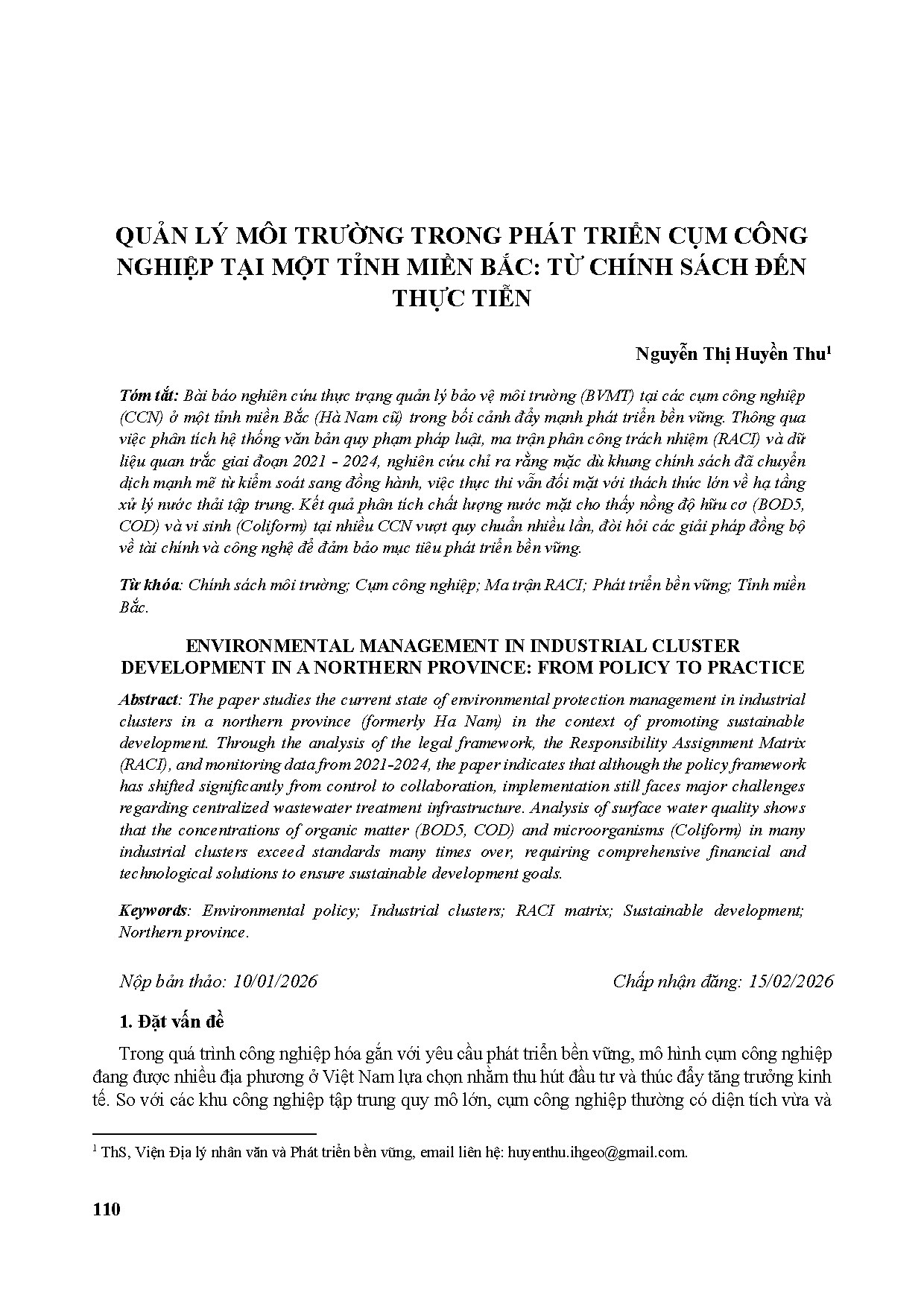 QUẢN LÝ MÔI TRƯỜNG TRONG PHÁT TRIỂN CỤM CÔNG NGHIỆP TẠI MỘT TỈNH MIỀN BẮC: TỪ CHÍNH SÁCH ĐẾN THỰC TIỄN
